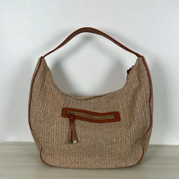 Anthropologie Urban Originals Oversized Raffia Straw Handbag Zip Closure Beige - Picture 3 of 9
